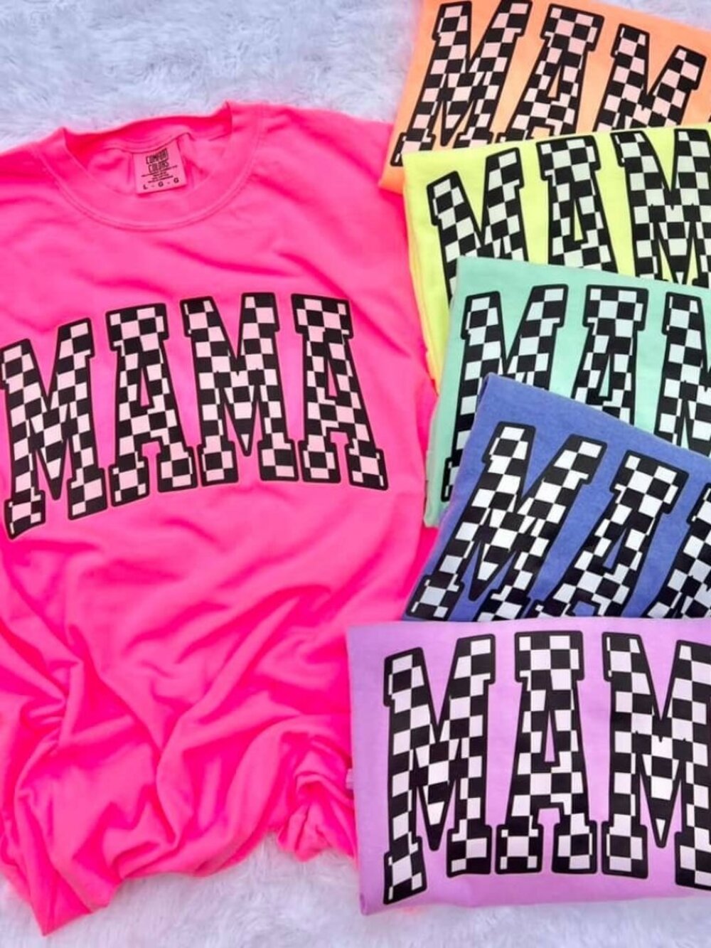 Comfort Colors Checkered Mama Neon Tee Violet Pink Mint Blue NWT